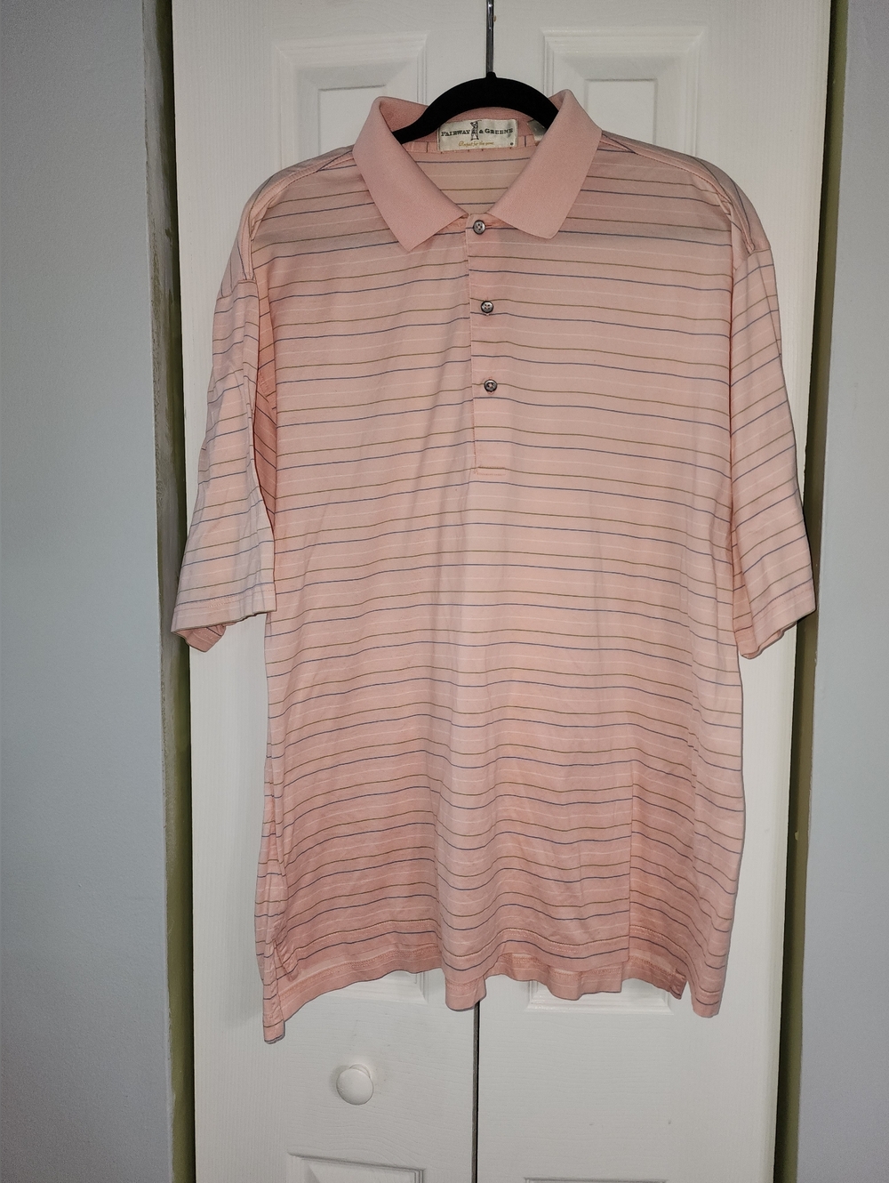 Fairway & Greene Preppy Pink Polo with Multicolor Thin Stripes Size XL